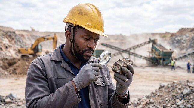 Miner inspecting a rock sample with a magnifying glass at an open quarry site for industrial inspection poster and safety banner design