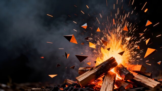 Wood fire with sparks and smoke