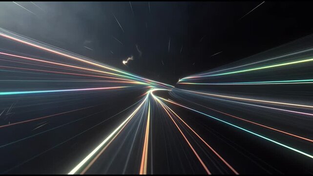 Colorful light streaks in dynamic abstract style over dark cosmic background, concept of speed and futuristic motion