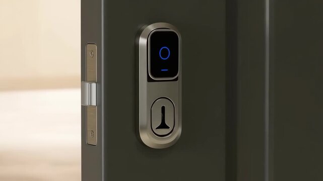 Door lock smart keypad entry with glowing blue indicator on modern metal door for secure access control