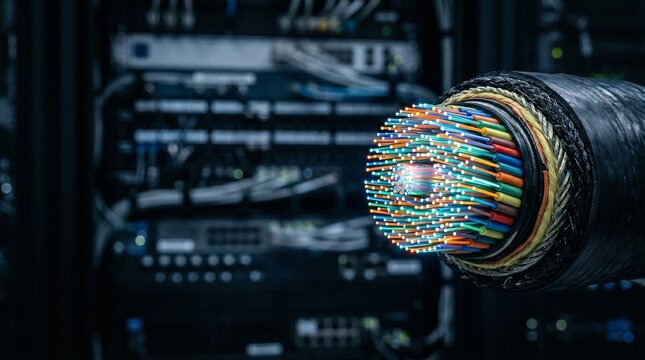 Thick fiber optic cable bundle cross-section, telecommunications infrastructure environment