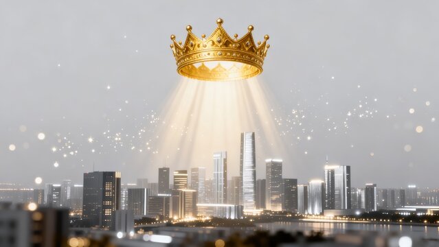 Golden crown shining over city skyline