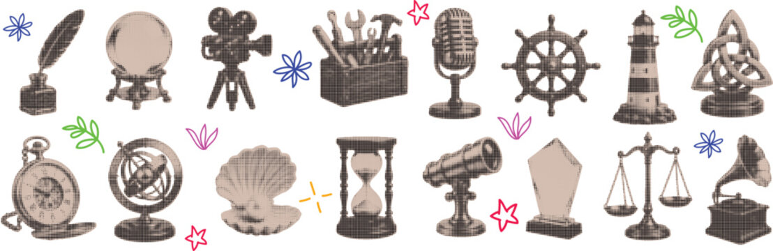 Halftone pop art collage cut out set with microphone, lighthouse, compass and vintage symbol vector illustration
