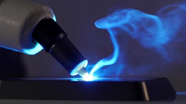 Knife tactical combat closeup with high-tech sparks and blue light flare on metal blade edge featuring steel, cutting action, industrial with tool