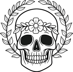 Fototapeta premium Decorative skull wreathed with floral and leaf motifs in monochrome design Vector