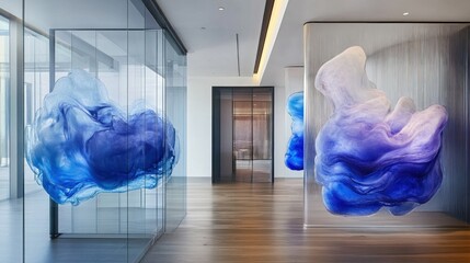 Fototapeta premium Modern office hallway with abstract art installations