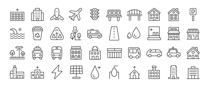 Collection of line art icons for urban infrastructure, transportation, and public services.