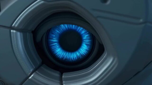 Robot eye closeup with glowing blue lens iris and metallic housing, futuristic machine vision concept for AI technology media.