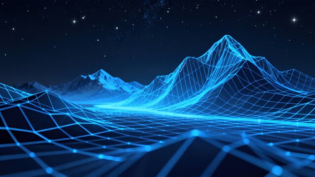 Digital mountain landscape with glowing grid