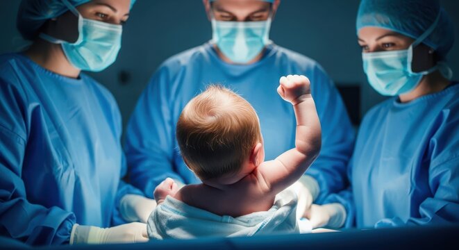 Newborn baby with medical team in delivery room setting with blue scrubs