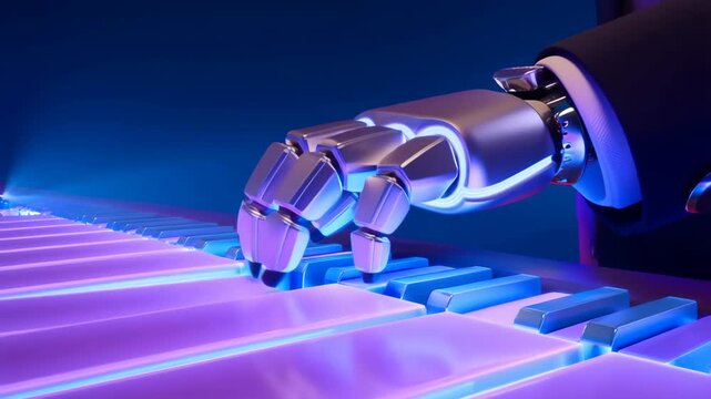 Robot gripper arm welding glowing blue metal parts on futuristic industrial assembly line in closeup