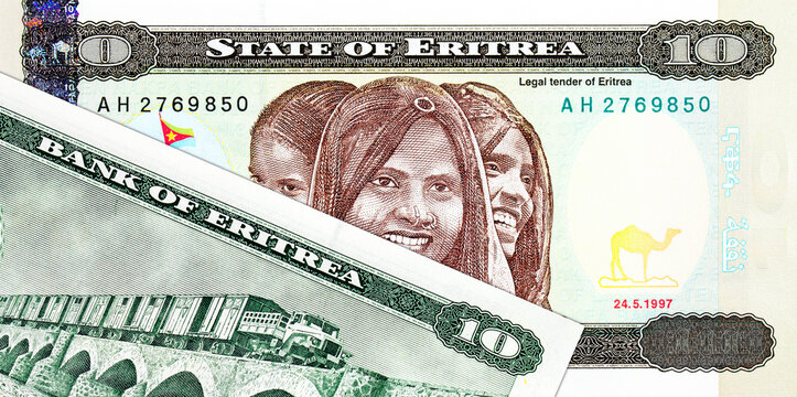 Eritrea 10 Nakfa 1997 Banknotes depicting portraits of local people Three generations. People of Eritrea. Paper money of Eritrea.