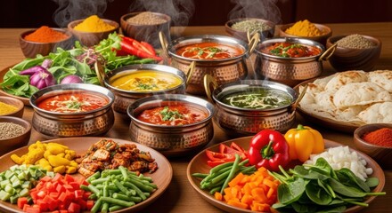Fototapeta premium Assorted traditional dishes arranged on wooden trays buffet style