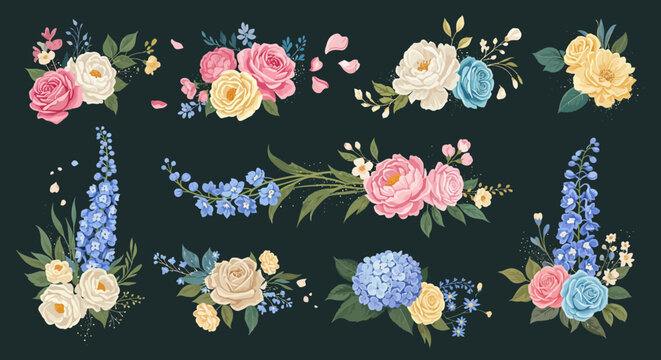 Watercolor floral collection with assorted roses and blue larkspur flowers