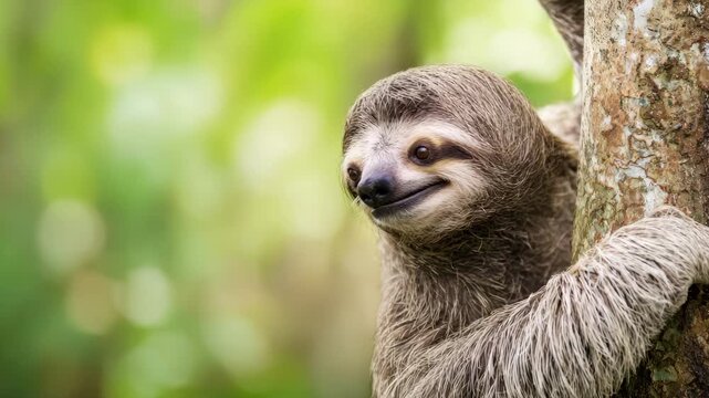 Cute sloth clinging to a tree trunk with a happy expression in the tropical rainforest