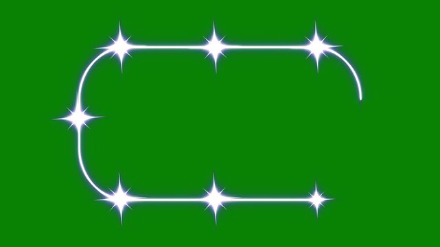 Magic white silver glow border with shining stars and particle light trail on green screen background for easy chroma key video editing frame animation 4k high quality motion graphics.