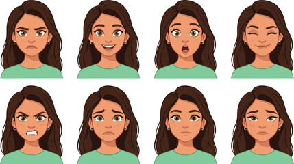 Young woman facial expressions vector character set featuring diverse emotions including happy sad angry surprised worried and winking avatar heads.