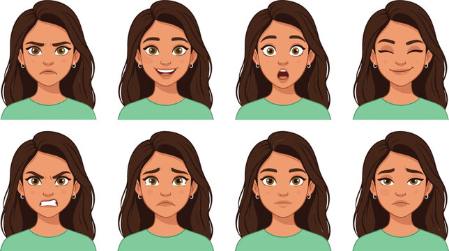 Young woman facial expressions vector character set featuring diverse emotions including happy sad angry surprised worried and winking avatar heads.