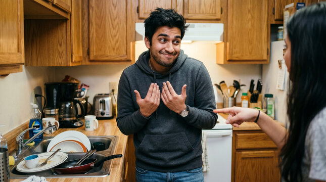 A young man with a confused expression gestures defensively in a cluttered kitchen while a woman points at him, seemingly accusing him of something related to the dirty dishes piled in the sink.