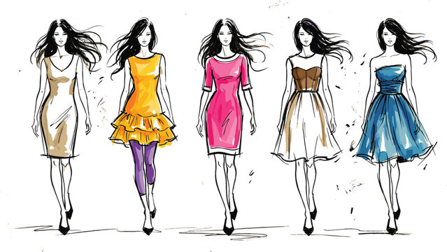 Hand drawn watercolor fashion croquis set with beautiful women models showcasing bright elegant evening dresses and trendy cocktail party gowns on white background.