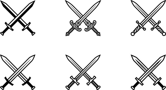 Collection of six crossed sword icons in black line art for medieval games, combat sports logos, military heraldry, and historic battle designs.