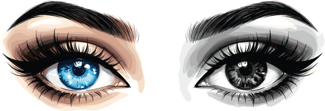 Beautiful woman eyes vector illustration showing a side-by-side comparison of a vibrant blue iris and a monochrome black and white sketch.