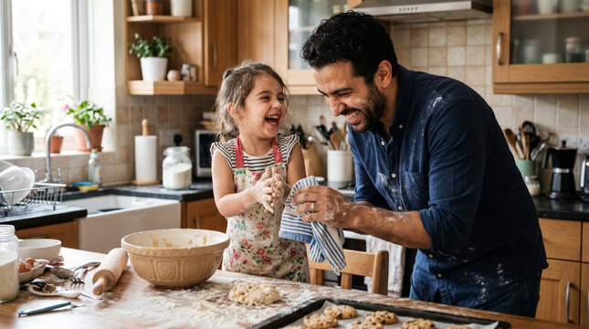 A father and daughter share a joyous moment in a sunlit kitchen, covered in flour as they bake together, their laughter filling the air with warmth and togetherness.