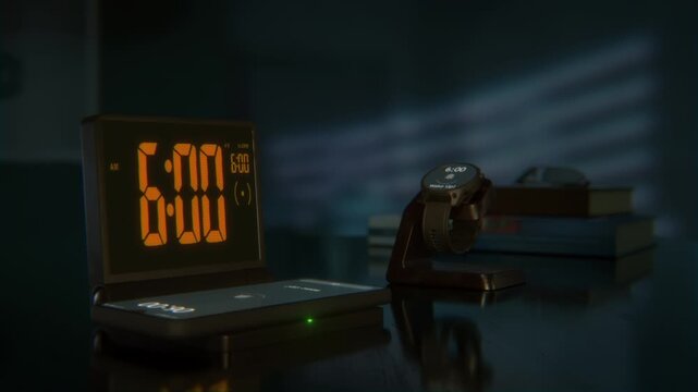 Digital alarm clock with phone charger and smartwatch are waking up at 6 AM. The numbers on the every screens changes from 5:59 to 6:00AM.