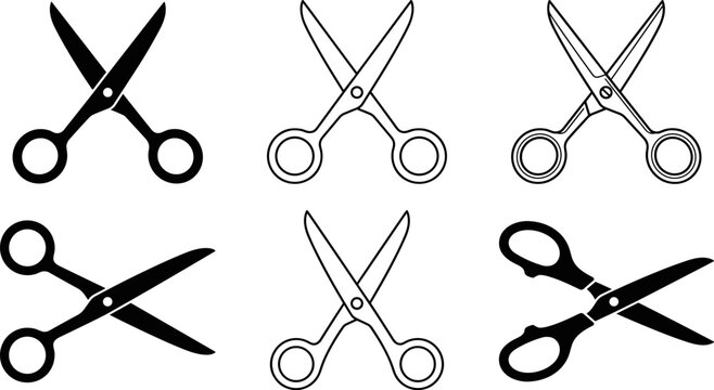 Collection of six stylized scissor icons showing silhouettes, outlines, and variations in blade and handle design for graphic comparison