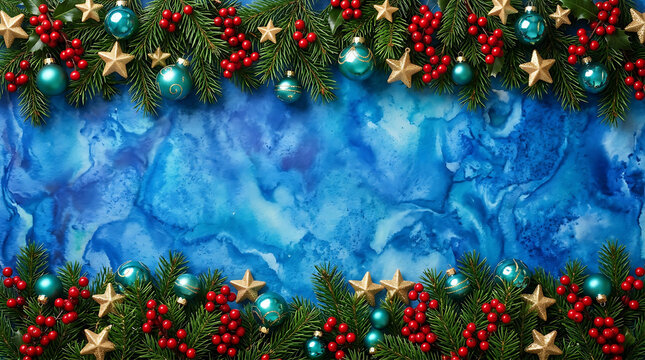 Christmas decorations border with pine branches red berries blue ornaments and gold stars on blue marble background