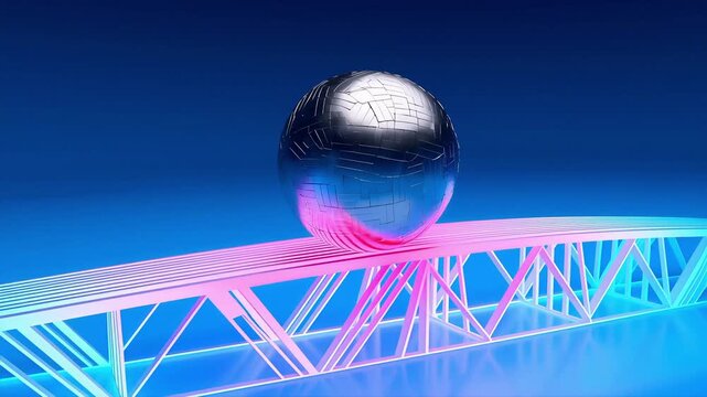 Bridge metal truss with reflective sphere under blue lighting, cinematic sci‑fi style texture for engineering and travel themes