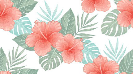 Seamless tropical pattern featuring vibrant coral hibiscus flowers and lush green palm leaves on a white background, perfect for summer designs © Pronob Kumar Ray