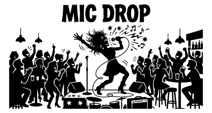 Energetic female singer performing with crowd in lively bar during concert Vector Silhouette Isolated on white background