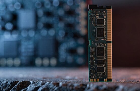 RAM memory stick standing upright, gold contact fingers and PCB component surface, system build environment
