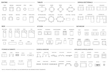 Extensive vector library of essential CAD symbols for architectural floor plans, interior design layouts, and building schematics, featuring diverse furniture and fixture elements © kasun