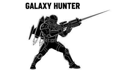 Naklejka premium Futuristic Soldier with Jetpack and Blaster Aiming Forward in Silhouette Isolated on white background