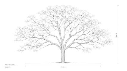 Fototapeta premium Precisely Rendered CAD Elevation of a Mature Deciduous Tree, Ideal for Architectural Site Plans and Detailed Landscape Design Documentation