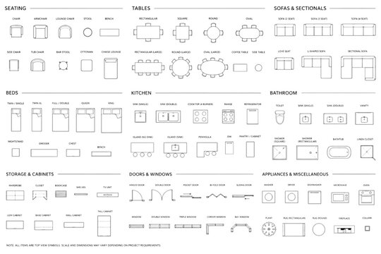 Extensive vector library of essential CAD symbols for architectural floor plans, interior design layouts, and building schematics, featuring diverse furniture and fixture elements