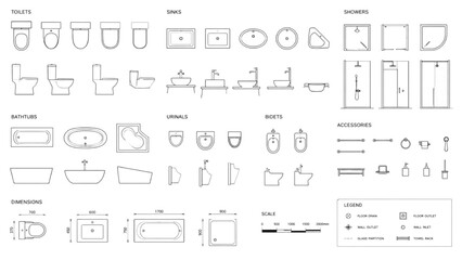 Bathroom Fixtures CAD Blocks Toilets, Sinks, Showers, and Bathtubs for Architectural Design © kasun