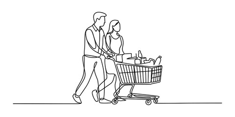 A happy young couple pushing a shopping cart full of groceries together in a simple continuous line art drawing style for modern store concept Vector, illustration © Continues One Line D