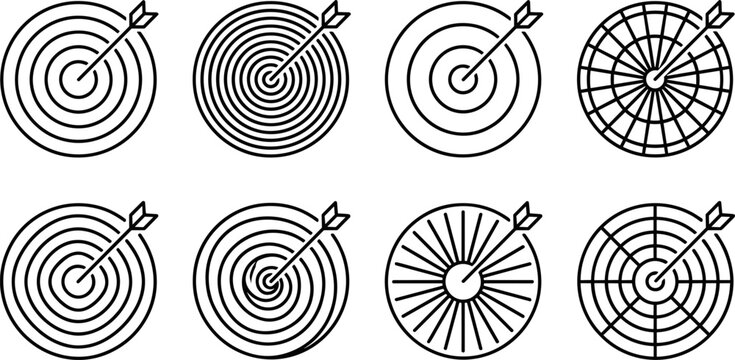 Set of eight unique archery target icons with arrows in black line art style for business goal setting success and precision icons