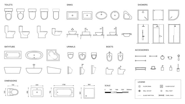 Bathroom Fixtures CAD Blocks Toilets, Sinks, Showers, and Bathtubs for Architectural Design