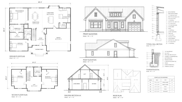 Comprehensive architectural CAD blueprints showcasing detailed residential house plans, including floor layouts, elevations, sections, and roof design for modern home construction projects