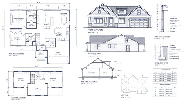 Blueprint of a house design with floor plans, elevations, and sections, presented in CAD format for architectural visualization and construction planning