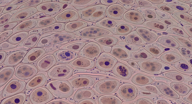 Microscopic view of epithelial cells with nuclei stained purple, detailed cellular structure, medical research, scientific study, educational illustration