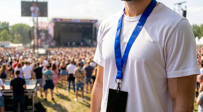 Man with unidentified badge at a music festival. Blue lanyard. Badge mockup