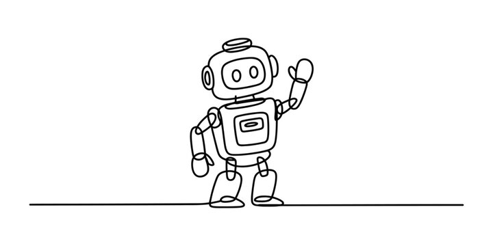 A friendly cute robot waving its hand drawn in a simple continuous line art style for modern technology concepts and minimal creative design projects Vector, illustration