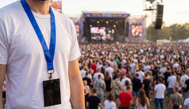 Man with unidentified badge at a music festival. Blue lanyard. Badge mockup