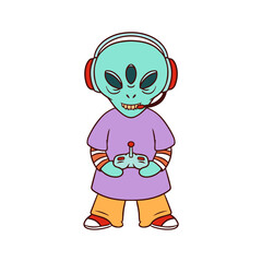 Cute alien character with gaming headset and controller illustration t-shirt design © Vexels
