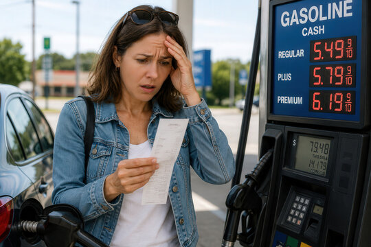A woman stands at a gas pump looking at a receipt with a worried expression. She is dressed casually and is at a fuel station surrounded by trees. It is daytime.